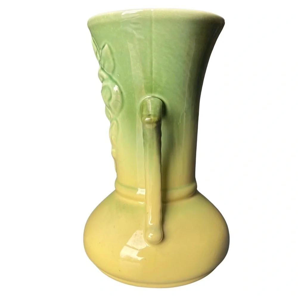 60's Cameron Clay 8 inch Dogwood Vase Green to Yellow Ombre Embossed Motif